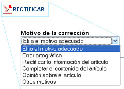 La imagen muestra el icono de rectificar y la parte del formulario donde se ofrecen las razones para hacer la rectificación