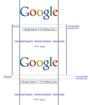 La imagen muestra abajo la nueva caja de búsqueda comparada con la anterior; las líneas grises permiten comparar los tamaños relativos de la zona de búsqueda y los botones