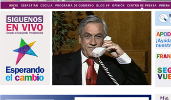 Así mostró el sitio pinera2010 el momento en que el candidato electo contesta la llamada de la Presidenta Bachelet